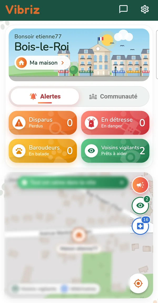 Écran d'accueil de Vibriz : la ville illustrée, les alertes (disparus, en détresse, baroudeurs, voisins vigilants) et la carte du quartier