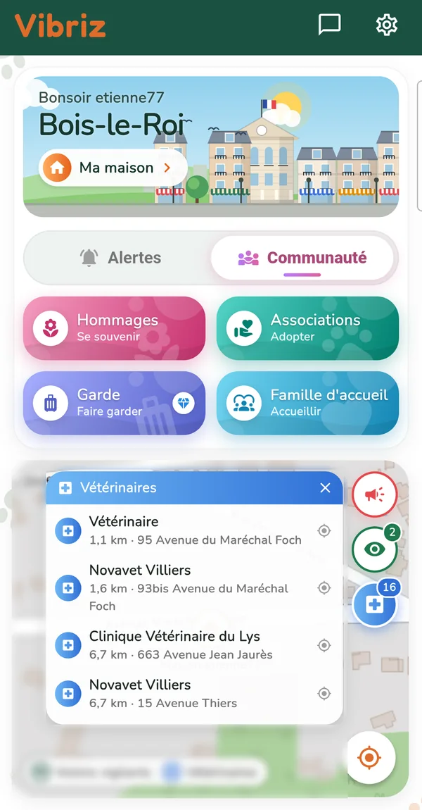 Liste des vétérinaires proches avec leur distance et leur adresse